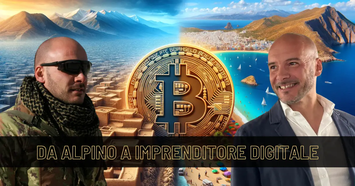 Luciano Novello da alpino a imprenditore digitale, con sfondo di deserto e mare separati da un grande simbolo di Bitcoin.