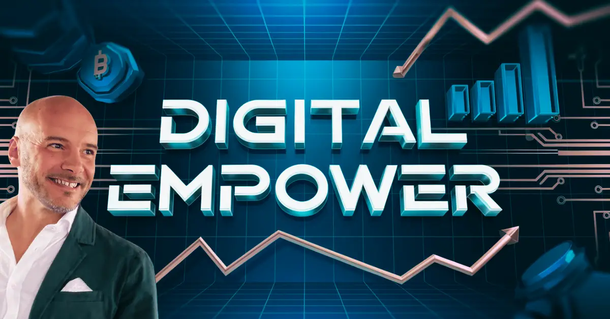 Luciano Novello smiling with ‘Digital Empower’ text overlaid on blue circuit board background, representing expertise in cryptocurrency, blockchain, and industrial mining.